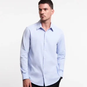 Camisa Regular Social em Algodão com Textura de Listras Azul Claro
