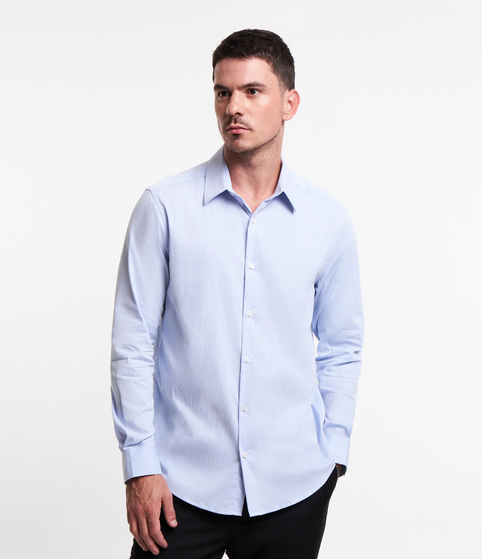 Camisa Regular Social em Algodão com Textura de Listras Azul Claro
