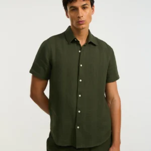 Camisa Regular em Algodão com Textura Quadriculada Vertical Verde