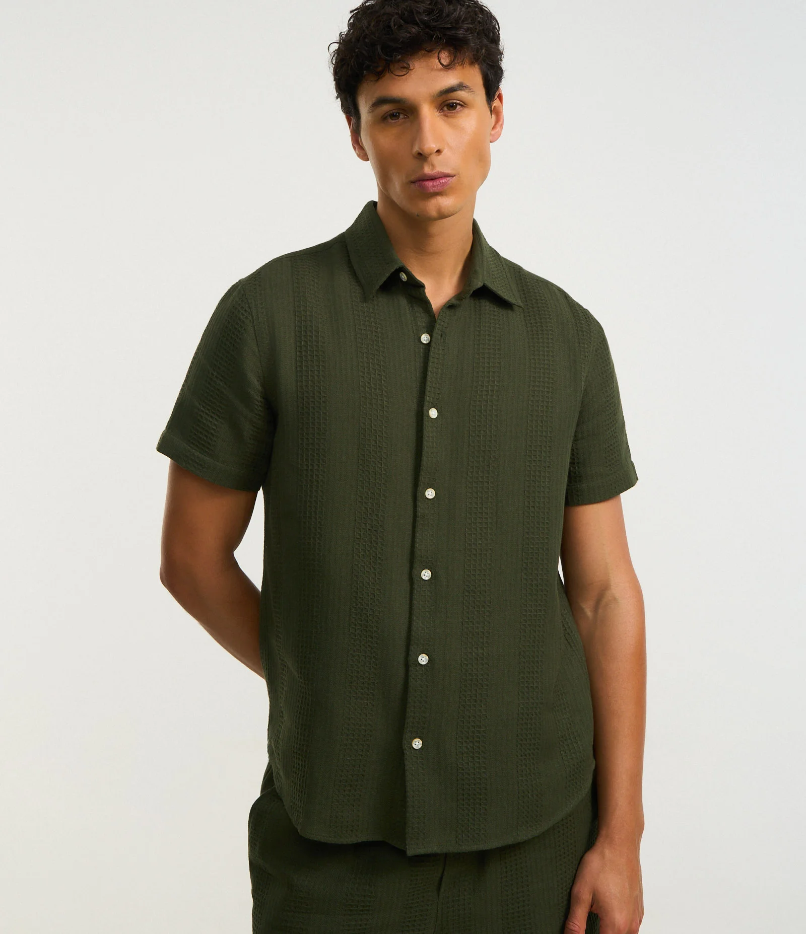 Camisa Regular em Algodão com Textura Quadriculada Vertical Verde